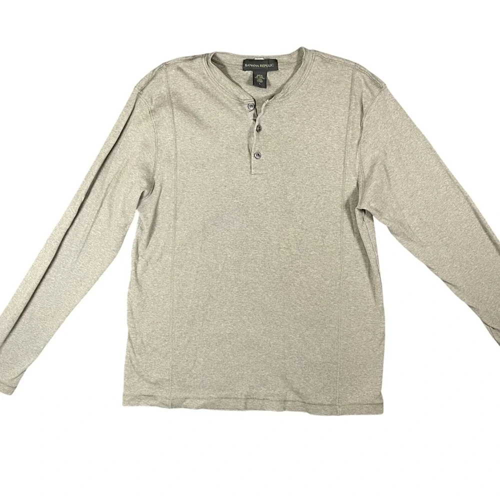 Banana Republic Mens Long Sleeve Henley Shirt Tan Khaki Cotton Large Casual